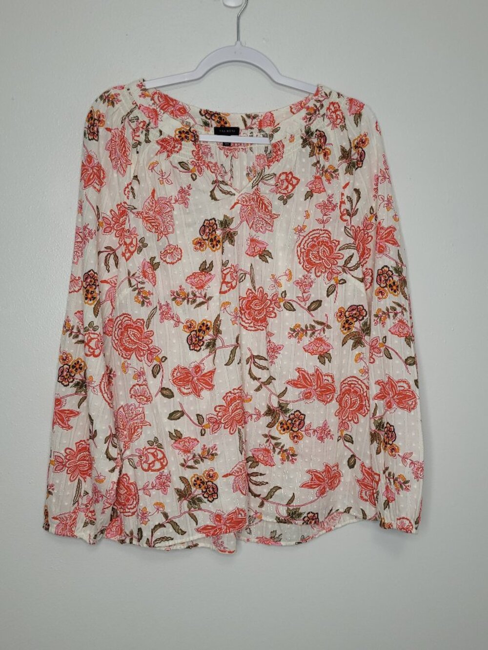 Talbots white pink cotton lightweight flower boho long sleeve top size large